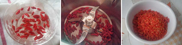 Mettete due cucchiaini di bacche di goji in ammollo in una ciotolina con un poco di acqua. Le restanti bacche d goji dovete triturarle grossolanamente, io ho usato il bimby a velocità 5 per pochi secondi. Mettetele da parte.