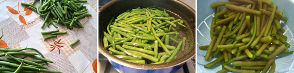 Per prima cosa dedicatevi alla pulizia dei fagiolini, quindi spuntateli, lavateli e fateli cuocere in acqua salata per circa 20 minuti o fino a che non risultano morbidi. Scolateli e fateli raffreddare.