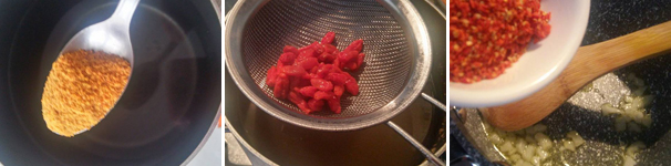 Preparate il brodo vegetale aggiungendo 2 cucchiaini di dado vegetale granulare in 800 grammi di acqua. Una volta che ha raggiunto il bollore aggiungete l’acqua di ammollo delle bacche di goji. In un tegame fate rosolare un pezzetto di cipolla tagliata a dadini insieme all’olio extravergine d’oliva e le bacche di goji triturate.