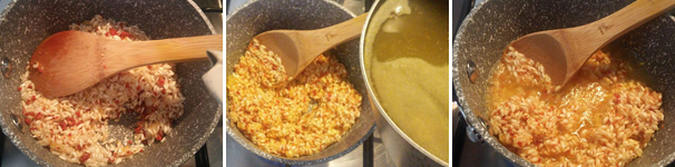 Aggiungete il riso e fatelo tostare per qualche secondo, mescolando. A questo punto versate mezzo bicchiere di vino bianco e fate sfumare. Portate a cottura versando il brodo vegetale caldo poco alla volta e mescolando di tanto in tanto.