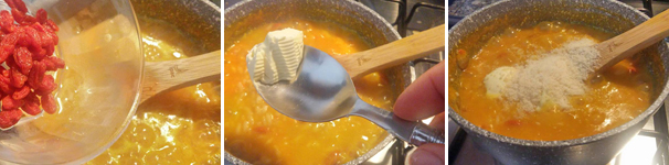 Quando il risotto con bacche di goji è quasi pronto assaggiate per aggiustare di sale, aggiungete poi prima le bacche di goji intere (quelle che erano state tenute in ammollo) e infine mantecate con la margarina (o il burro) ed il parmigiano grattugiato.