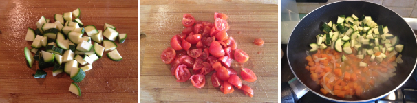 Tagliate a cubetti anche le zucchine e fate la stessa cosa anche con i pomodorini. Poi mettete nella padella le carote, lasciatele cuocere per 5 minuti ed aggiungete le zucchine. Fate cuocere per 10 minuti.