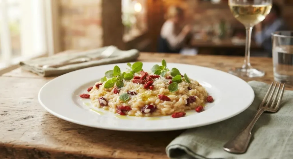 Piatto di risotto cremoso alle bacche di goji guarnito con foglioline di maggiorana fresca pronto da servire