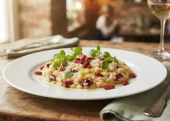 Piatto di risotto cremoso alle bacche di goji guarnito con foglioline di maggiorana fresca pronto da servire