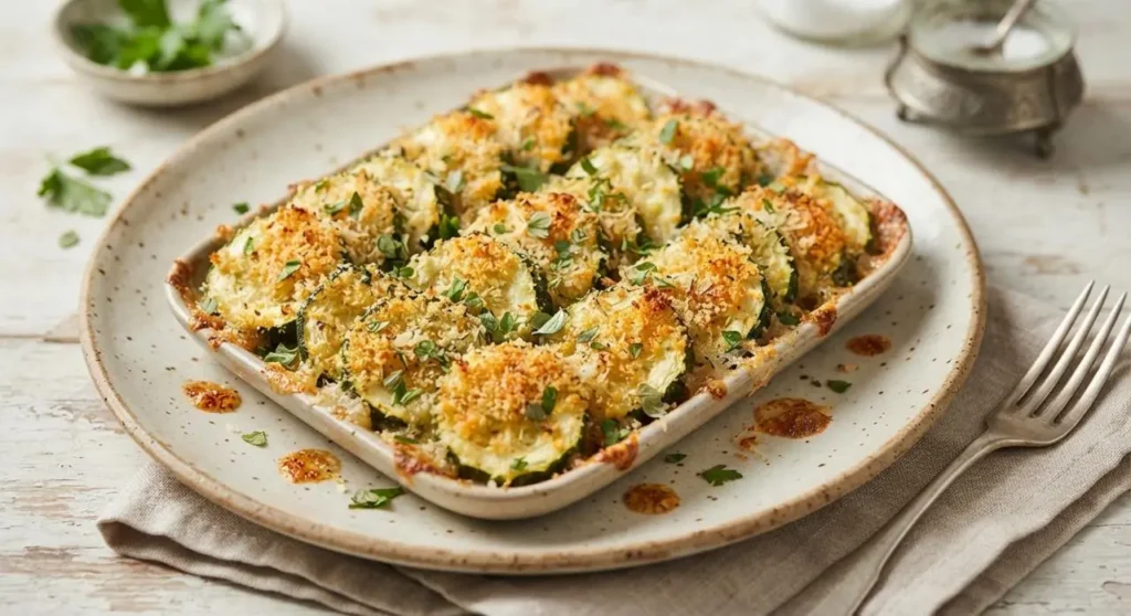 Una teglia di zucchine gratinate al forno dorate e croccanti, pronte da servire su un piatto con prezzemolo fresco.