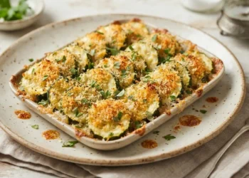 Una teglia di zucchine gratinate al forno dorate e croccanti, pronte da servire su un piatto con prezzemolo fresco.