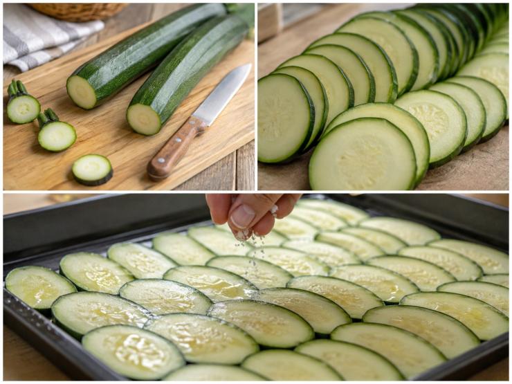 Per preparare le zucchine gratinate, per prima cosa dopo aver tagliato gli estremi delle zucchine e dopo averle lavate, tagliatele a fette piuttosto fini. Oliate una teglia e disponete le zucchine, poi aggiungete del sale.