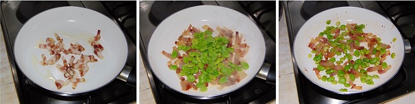 Tagliate a cubetti il guanciale al pepe e versatelo in una padella fredda con un filo di olio extravergine di oliva; accendete il fuoco mantenendo la fiamma leggera fino a che il guanciale non sarà diventato dorato e croccante. A questo punto della ricetta, aggiungete al guanciale anche i cuori di fave sbollentati in precedenza e lasciateli insaporire insieme per qualche minuto.