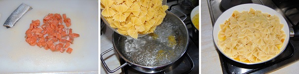 Tagliate il salmone a cubetti piccoli tutti della stessa dimensione e salateli leggermente quindi teneteli da parte fino alla mantecatura della pasta. In una pentola precedentemente portata a bollore con una manciata di sale, cuocete le farfalle scolandole al dente e tenendo da parte qualche mestolo di acqua di cottura. Versate nella padella la pasta scolata ed a fiamma bassa unite l’acqua di cottura iniziando così la mantecatura.