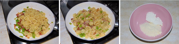 In abbondante acqua con aggiunta di sale, cucinate le orecchiette scolandole bene al dente. Versate la pasta cotta in padella insieme al sugo ed insieme ad un generoso mestolo di acqua di cottura, risottate il tutto in modo che l’amido della pasta avvolga tutti gli ingredienti. Per preparare la salsa al pecorino, versate in una ciotola la ricotta di pecora, il pecorino siciliano grattugiato e qualche cucchiaio di acqua di cottura delle orecchiette.
 