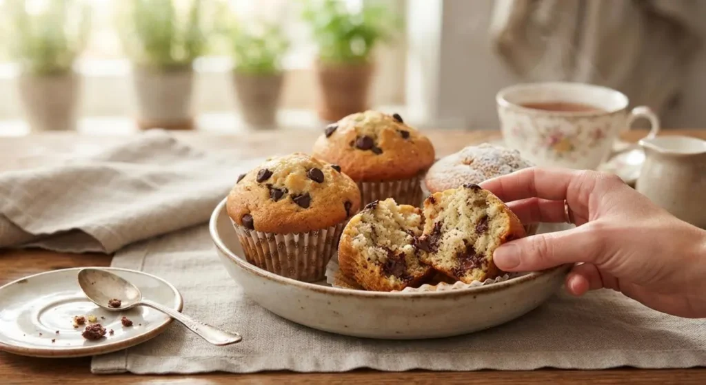 Muffin ricotta e cioccolato sofficissimi Muffin ricotta e cioccolato soffici aperti a metà su un piatto, pronti da mangiare per la colazione.