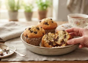 Muffin ricotta e cioccolato soffici aperti a metà su un piatto, pronti da mangiare per la colazione.