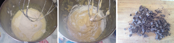 Dopo aver amalgamato incorporate la fecola di patate ed il lievito per dolci. Infine tagliate a scaglie il cioccolato fondente.