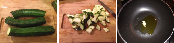 Per preparare i muffin ricotta e zucchine, per prima cosa lavate le zucchine, privatele delle estremità e tagliatele a quadretti. Poi mettete a soffriggere in una padella, uno spicchio d’aglio ed un po’ di olio extravergine di oliva.