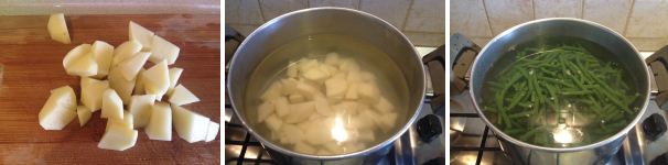 Per preparare il polpettone alla ligure, per prima cosa sbucciate le patate, lavatele, tagliatele a piccoli pezzi. Mettete a bollire 2 litri di acqua in una pentola e, quando bolle versatele all’interno insieme ai  fagiolini ai quali avrete precedentemente spuntato le estremità. Fate cuocere per 20 minuti.