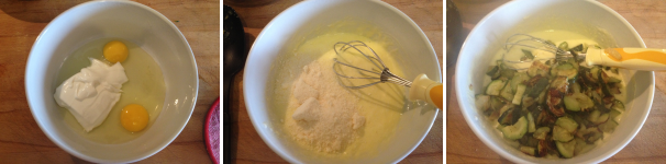 Aggiungete la panna, mescolate con una frusta ed aggiungete anche il Parmigiano. Una volta che le zucchine sono pronte mettetele nel composto delle uova.