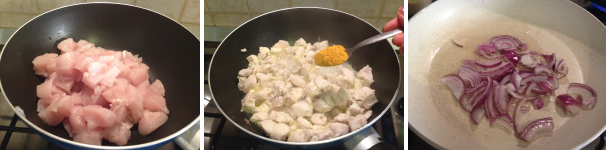 Per preparare il riso basmati con pollo e verdure, per prima cosa lavate il petto di pollo e tagliatelo a cubetti. Mettetelo in una padella con dell’olio extravergine di oliva, aggiungete il sale, fate sfumare con il vino bianco ed incorporate la curcuma. Fatelo cuocere per 20 minuti. In un’altra padella mettete a soffriggere la cipolla tagliata a fettine insieme al dell’olio extravergine di oliva.