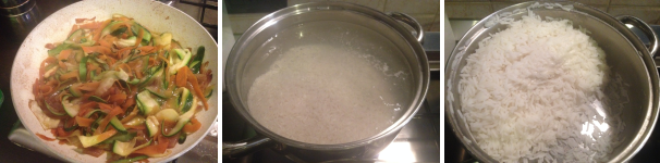 Aggiungetele nella padella, mettete il sale e fate cuocere il tutto altri 10 minuti. Poi dovrete preparare il riso basmati. Fate bollire in un pentolino dell’acqua salata, cuocetevi dentro il riso per circa 10 minuti poi scolatelo ed aggiungete all’interno dell’olio extravergine di oliva.