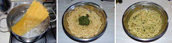 In una pentola con acqua e sale, cuocete le linguine per il tempo riportato sulla confezione ed una volta pronte, scolatele e conditele con il pesto preparato in precedenza e se serve, aggiungete qualche cucchiaio di acqua di cottura della pasta.