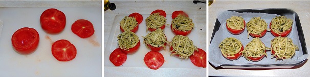 Tagliate la parte superiore dei pomodori gia lavati e svuotateli della parte interna acquosa e con i semi, salateli per insaporirli e farciteli con le linguine al pesto. Adagiate i pomodori ripieni su una teglia con i bordi alti precedentemente foderata con carta forno e leggermente unta di olio extravergine di oliva.