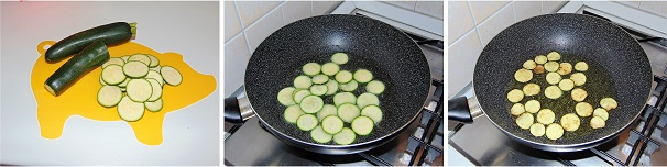 Pulite i due lati delle zucchine e lavatele con acqua fredda dopo di che tagliatele tutte a rondelle con più spesse di due millimetri. In una padella versate l’olio extravergine di oliva e friggete le zucchine fino a doratura, quindi scolatele e conditele con un pizzico di sale. Conservate l’olio di cottura delle zucchine.