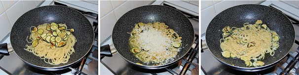 Aggiungete agli spaghetti le zucchine fritte in precedenza ed un generoso mestolo di acqua di cottura terminando così la cottura della pasta in padella. Una volta che la pasta avrà assorbito tutta l’acqua di cottura, aggiungete il provolone del monaco grattugiato e mescolando velocemente fate amalgamare il tutto fino ad ottenere un piatto di pasta cremoso a questo punto servite in tavola il piatto ben caldo.