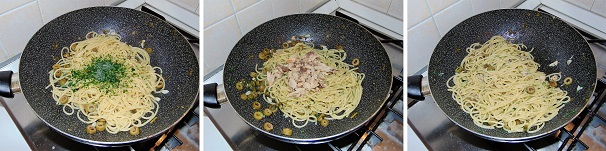 Versate sulla pasta il restante prezzemolo tritato, amalgamatelo agli spaghetti e spegnete il fuoco: aggiungete lo sgombro freddo alla pasta, girate per amalgamare gli ingredienti e servite la pasta in tavola.