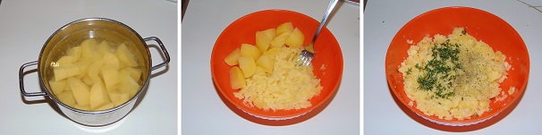 Sbucciate le patate e tagliatele a cubetti mantenendo la stessa grandezza per ognuno, così da rendere uniforme la cottura. Versatele in una pentola e copritele con acqua fredda, unite anche il sale e cucinatele a fiamma media fino a che non saranno cotte. Una volta pronte, scolatele e versatele in una terrina, quindi schiacciatele con una forchetta ed infine aromatizzate le patate ancora calde con il timo ed il pepe nero macinato, mescolatele e lasciatele freddare.