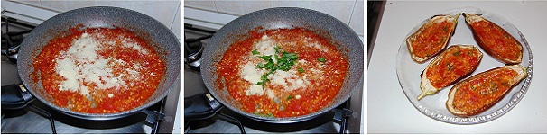 Appena il sugo di melanzane sarà pronto, togliete dal fuoco e lasciate freddare, a questo punto aggiungete i due terzi del parmigiano reggiano grattugiato ed il basilico fresco tritato ed amalgamate il tutto. Prendete adesso le melanzane cotte in precedenza e farcite ognuna con un cucchiaio di composto.