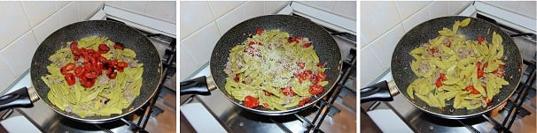 Aggiungete alla pasta anche i pomodorini confit e togliete dal fuoco. Insaporite con una manciata di pecorino romano, amalgamate il tutto e servite.