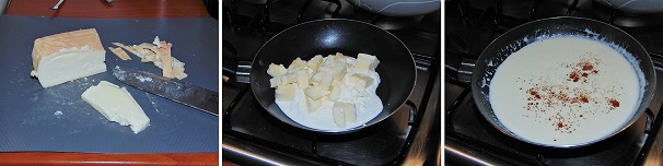 Iniziate a preparare questa ricetta, partendo dalla salsa al taleggio. Appoggiate il formaggio su di un tagliere quindi eliminate la buccia e tagliatelo a dadini, parallelamente in una padella andate a versare la panna da cucina e qualche cucchiaio di latte ed infine anche il taleggio precedentemente tagliato. Aiutandovi con un cucchiaio di legno e mantenendo la fiamma bassa, fate sciogliere ed amalgamare tutti gli ingredienti, dunque aromatizzate con un pizzico di noce moscata e tenete la fonduta da parte.