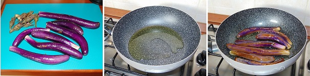 Pulite le melanzane perline dal piccolo e lavatele sotto un getto abbondante di acqua fredda dopo di che asciugatele con cura. In una padella andate a scaldare qualche abbondante cucchiaio di olio extravergine di oliva e rosolatevi all’interno le melanzane su tutti i lati.
 