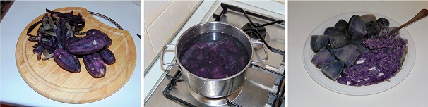 Iniziate sbucciando e tagliando a pezzi le patate viola, quindi versatele in una pentola con acqua fredda e sale e cuocetele fino a completa cottura. Una volta pronte, scolatele conservando l’acqua di cottura per l’impasto ed ancora calde schiacciatele con una forchetta oppure con un passapatate, quindi lasciatele freddare completamente.
 