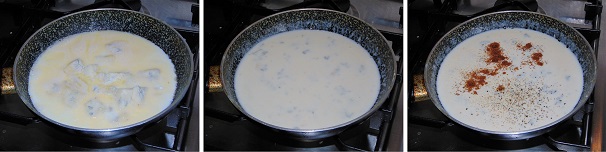 Lasciate sciogliere il burro e scaldate gli altri due ingredienti, dopo aggiungete il gorgonzola dolce a pezzetti e molto delicatamente, mantenendo la fiamma bassa, fate sciogliere il formaggio fino ad attenere un composto cremoso. Appena pronti spegnete il gas e profumate la fonduta con noce moscata e pepe nero macinato. Adesso lasciate che si freddi.