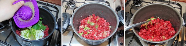 Proseguite unendo anche il succo ben filtrato di entrambi gli agrumi, mescolate tutte gli ingredienti e lasciate riposare per almeno tre ore così che lo zucchero con la frutta ed il succo di lime diventi uno sciroppo macerando la frutta. Trascorso il tempo di riposo, mettete la pentola sul fuoco mantenendo la fiamma moderatamente alta e non appena la frutta inizierà a scaldarsi eliminate i ciuffi di menta.