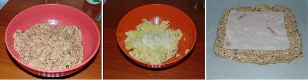 Lasciate riposare qualche minuto l’impasto, questo lo aiuterà a compattarsi bene, così che il polpettone non si rompa. In una ciotola, schiacciate le patate lesse ed insaporitele con un pizzico di sale, pepe ed il rimanente parmigiano reggiano grattugiato, amalgamate il tutto. Passate alla realizzazione vera e propria del polpettone quindi stendete l’impasto di carne su un grande foglio di carta forno, cercando di ottenere un rettangolo non troppo fine. Foderate la carne con le fette di prosciutto cotto.