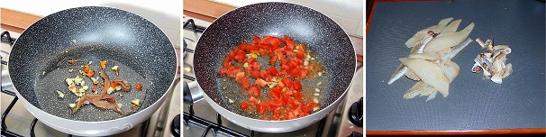 In una padella saltapasta con i bordi alti, versate qualche cucchiaio di olio extravergine di oliva e unite un trito leggero di aglio con i filetti di acciughe sott’olio e del buon peperoncino rosso. Soffriggete a fuoco lento aiutando le acciughe a sciogliersi e proseguite unendo i pomodori da sugo tagliati a dadini. Intanto che i pomodori si ammorbidiscono passate alla pulitura dei filetti di gallinella di mare quindi con coltello ben affilato eliminate attentamente la pelle, solitamente coriacea.