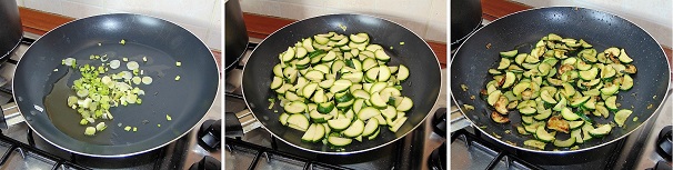 In una padella capiente andate a scaldare dell’olio extravergine di oliva e al suo interno fate ammorbidire a fiamma bassa un cipollotto tagliato fine. Lavate e pulite le estremità delle zucchine dopo di che tagliatele a metà ed affettatele grossolanamente, quindi unite al cipollotto in padella. Aggiungete un pizzico di sale e proseguite nella cottura sempre a fiamma leggera. Cuocete le zucchine per una decina di minuti e toglietele dal fuoco quando saranno cotte ma ancora sode e lasciatele raffreddare.