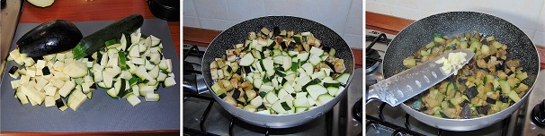 Lavate e pulite le zucchine e le melanzane, tagliatele a cubetti di almeno un centimetro, quindi in una padella con dell’olio extravergine di oliva caldo andate a rosolare le melanzane ed una volta tostate queste andate ad aggiungere anche le zucchine. A questo punto spolverate con un pizzico di sale, coprite con un coperchio, lasciate cuocere una decina di minuti a fiamma media. Abbiate cura di mescolarle di tanto in tanto. Trascorsi i 10 minuti aggiungete lo spicchio di aglio tritato molto fine.