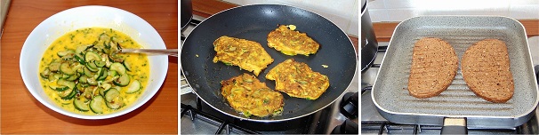 Lavorate il mix di uova in maniera energica fino ad ottenere un composto spumoso e soffice ed a questo punto aggiungete le zucchine che nel frattempo si saranno ben raffreddate, avendo cura di scolarle dall’olio di cottura che lascerete in padella. Amalgamate bene le zucchine con l’uovo e proseguite accendendo la fiamma sotto la padella ed andate a versare piccole quantità di composto così a formare delle piccole frittate che dovranno cuocere giusto un minuto su ogni lato. Una volta preparate le frittate, tostate le fette di pane ai 4 cereali.