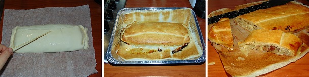 Chiudete la pasta sfoglia come uno strudel, ripiegate anche le due parti esterne così da formare un fagotto e spennellate la superficie dello strudel con un po’ di latte. Proseguite bucherellando la superficie ed infornate in forno caldo statico a 180 gradi per una trentina di minuti, o comunque fino a che non sarà bene colorato, alto e croccante. Sfornate lo strudel e fatelo intiepidire o addirittura freddare prima di tagliarlo.