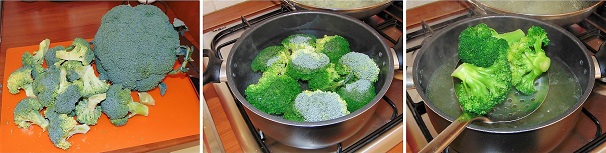 Pulite i broccoli dal tronco e dalle foglie più dure quindi dividete tutte le cimette e mettetele a bagno in acqua fredda per qualche minuto, così che possano rilasciare tutte le impurità. Risciacquate sotto abbondante acqua fredda i broccoli e lessateli in acqua e sale bollore giunti per qualche minuto, fino a che il gambo risulterà cotto ma ancora croccante. Scolate i broccoli e bloccate la cottura passandoli sotto un getto di acqua fredda ed ora teneteli da parte.