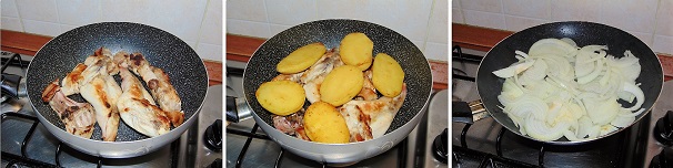 Trasferite in un tegame molto capiente prima i pezzi di coniglio disponendoli sul fondo e al di sopra sistemate le patate quindi coprite con un coperchio e lasciate da parte. Riprendete la padella della rosolatura ove vi sarà ancora l’olio extravergine di oliva e andate a versare al suo interno la cipolla bionda tagliata a rondelle, aggiungete un pizzico di sale e lasciatela ammorbidire mantenendo la fiamma bassa.