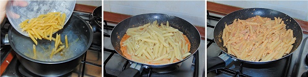 Portate a bollore dell’acqua salata e cuocete le pennette lisce tenendole al dente, quindi scolatele e versatele nella padella insieme al sugo dove andrete a finire la cottura. Una volta che il sugo e la pasta si saranno ben rappresi andate a servire la vostra pasta.
 