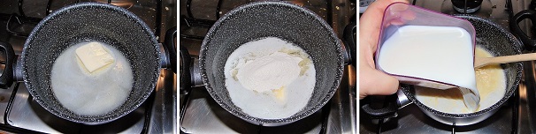 Una componente fondamentale delle crespelle alla valdostana è la besciamella che in questa ricetta arricchiremo con degli ingredienti che le doneranno aromaticità e corposità. In una pentola fate scaldare il burro senza farlo bruciare, quando sarà completamente fuso aggiungete la farina 00; con l’aiuto di una paletta di legno tostate la farina quindi aggiungete il latte intero unito alla panna fresca. Lavorate ed addensate la salsa mantenendo la fiamma non troppo alta.