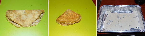 Chiudete le crespelle su se stesse e poi ancora una volta fino a formare un triangolo. Una volta realizzate tutte, coprite il fondo di una teglia con parte della besciamella.