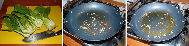 Pulite i cavoli pak choi dalle foglie esterne più rovinate o dure quindi eliminate anche la parte delle radici mantenendo intero il cespo di verdura. Lavate bene i cavoli eliminando ogni traccia di terra quindi con un coltello affilato dividete a metà ogni cespo. In una padella molto capiente andate a versare qualche cucchiaio di olio di semi di sesamo e a fiamma bassa rosolatevi dell’aglio e del peperoncino rosso tritati finemente e lasciateli rosolare fino a che l’aglio non sarà dorato. Pulite i cavoli pak choi dalle foglie esterne più rovinate o dure quindi eliminate anche la parte delle radici mantenendo intero il cespo di verdura. Lavate bene i cavoli eliminando ogni traccia di terra quindi con un coltello affilato dividete a metà ogni cespo. In una padella molto capiente andate a versare qualche cucchiaio di olio di semi di sesamo e a fiamma bassa rosolatevi dell’aglio e del peperoncino rosso tritati finemente e lasciateli rosolare fino a che l’aglio non sarà dorato.