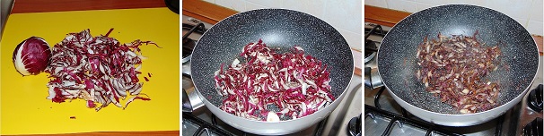 Prepariamo il sugo per condire gli gnocchi. Lavate i cuori di radicchio rosso di Treviso, quindi affettateli a listarelle non troppo alte. Versate in una padella tutta la verdura tagliata ed aggiungete un leggero filo di olio extravergine di oliva, coprite con un coperchio e fate stufare a fiamma bassa per una quindicina di minuti. Una volta pronto, aggiungete un pizzico di sale e lasciatelo intiepidire nella padella.