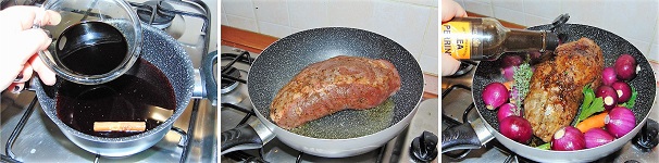 Trascorso il tempo di marinatura e riposo della carne passiamo alla preparazione del piatto. In un pentolino andate a versare il barolo e l’aceto balsamico di Modena insieme alla stecca di cannella, mettete sul fuoco e fiamma bassa fate sobbollire il tutto fino a che non si sarà ridotto del cinquanta per cento quindi spegnete il fuoco. In una padella versate qualche cucchiaio olio extravergine di oliva e rosolate, a fiamma alta, la carne fino a sigillarla per bene. Quando sarà bene dorata passate ad aggiungere gli odori, partendo dal timo insieme a carote e sedano quindi aggiungete anche le cipolline di Tropea intere e 4 cucchiai di salsa Worcestershire. Spolverizzare con un pizzico di sale le verdure e coprite lasciando andare la carne ancora per qualche minuto.