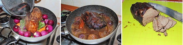 Aggiungete alla carne la riduzione di barolo, aceto balsamico di Modena e cannella, coprite nuovamente e portate a bollore, a questo punto abbassate la fiamma e fate cuocere la carne per circa 3 ore. Gli ultimi venti minuti togliete il coperchio e fate leggermente restringere la parte liquida. Una volta pronto lasciatelo intiepidire dopo di che affettatelo.